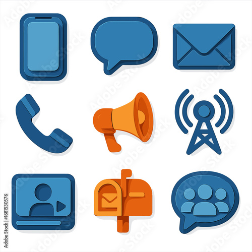 3d communication icons: phone, email, messaging, social media, podcast, broadcast concept