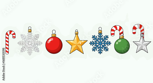 Festive holiday icons including candy canes, snowflakes, and ornaments create a cheerful seasonal celebration perfect for winter promotions