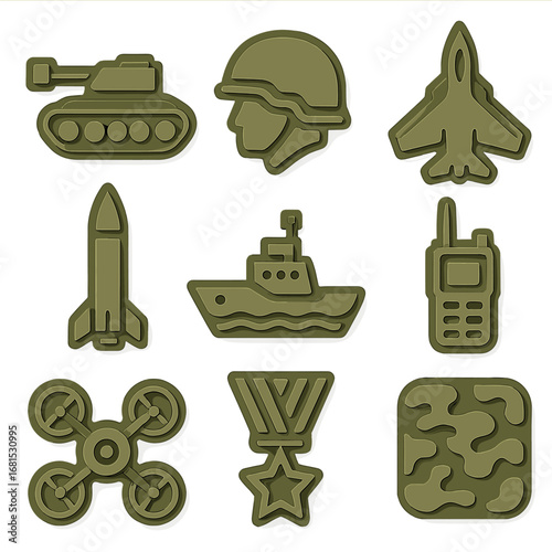Military icons set: army equipment symbols in 3d style for design projects