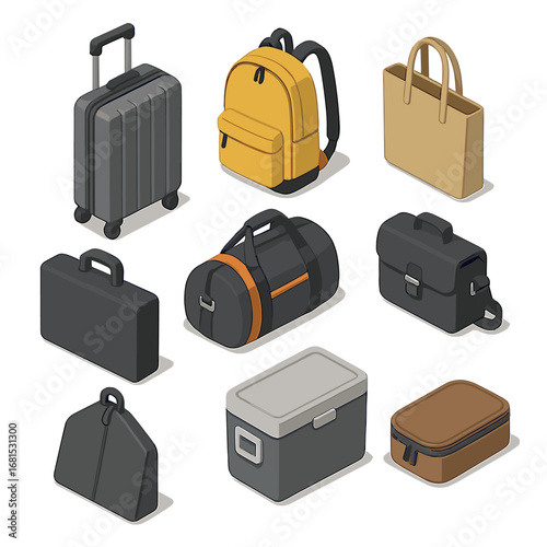 Isometric luggage collection: stylish suitcases, backpacks, and bags