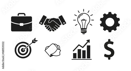 Professional business icons symbolizing success, strategy, innovation, growth, and financial prosperity for modern ventures.