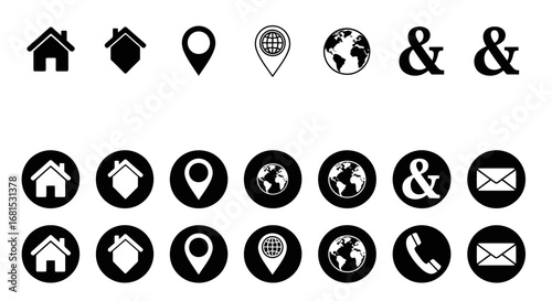 Essential modern icons for business contact and navigation, featuring homes, globes, locations, and communication symbols for websites and apps