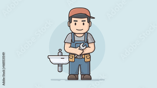 Smiling handyman with wrench and sink illustration