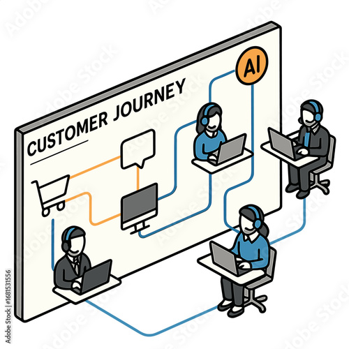 Isometric customer journey with ai in call center and e-commerce integration