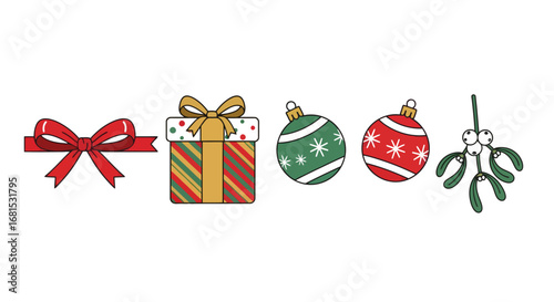 Festive Christmas icons including a red ribbon bow, striped gift box, green and red ornaments, and mistletoe on a clean white background