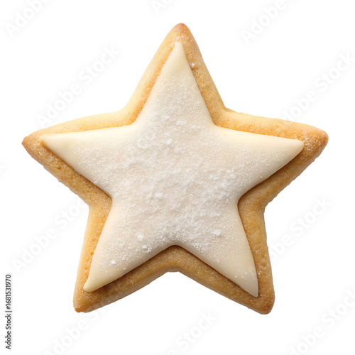 A single starshaped cookie with white icing and a dusting of sugar, isolated on a transparent background, perfect for holiday baking, celebrations, and festive occasions