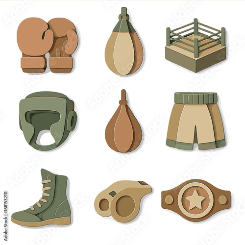Boxing-themed 3d icon set: gloves, ring, helmet, and more in soft neutral tones