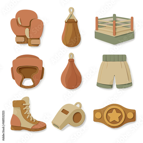 Retro boxing elements set featuring gloves, ring, headgear, punching bag, and champion belt