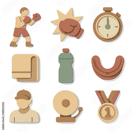 Isometric boxing icons: gear, equipment, and training essentials in modern pastel shades