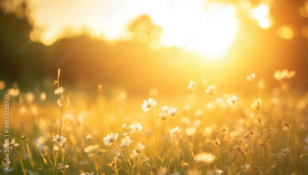 Obraz premium Tranquil Spring Summer Meadow: Dreamlike Soft Focus Sun Field With White Flowers And Grass, In Warm Golden Hour Sunrise Bokeh. Closeup Of Abstract Blurred Forest.