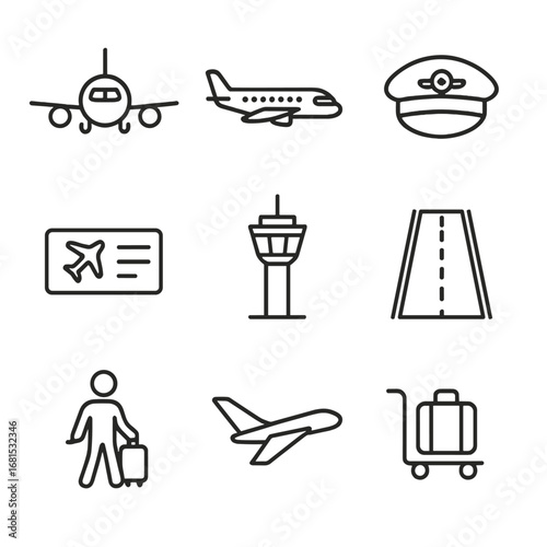 Aviation icons set featuring aircraft tickets control tower pilots