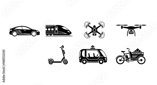 Explore the future of mobility with sleek icons of electric cars, high-speed trains, drones, scooters, autonomous vehicles, and cargo bikes