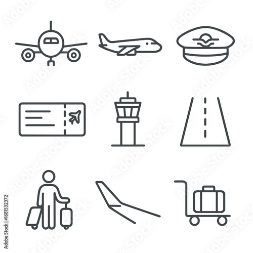Aviation travel icons: linear style set featuring airplane, ticket, control tower, and more