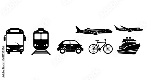 Diverse transportation icons including bus, train, car, bicycle, airplane, and ship, perfect for travel and logistics concepts.