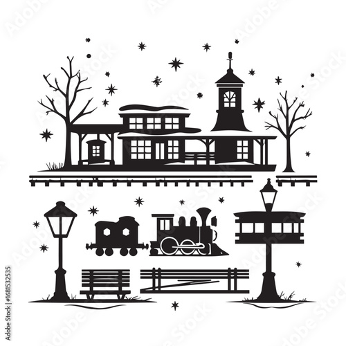 Vector art of black and white silhouette of a vintage train station with a steam engine, benches, and lampposts in a snowy setting