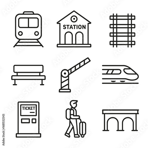 Linear travel icons featuring train, station, and traveler elements on gradient background