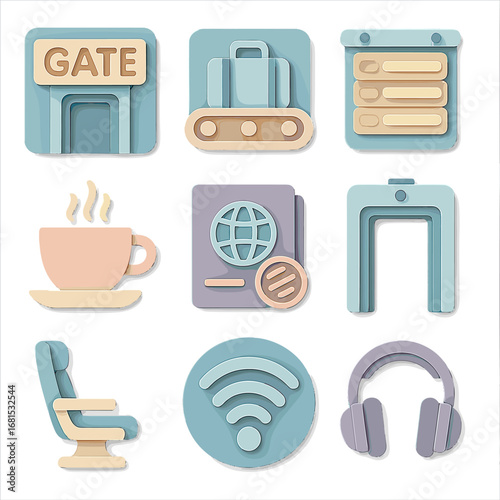 Modern 3d pastel airport icons collection for travel and technology themes