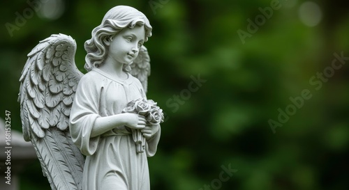 A stone angel statue holds flowers against a blurred green background