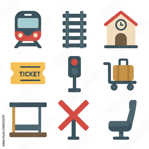 Stylized transportation and travel icons featuring train and luggage designs