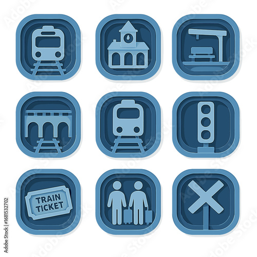Blue three dimensional transportation icons: train, platform, ticket, rail, traffic light, crossing