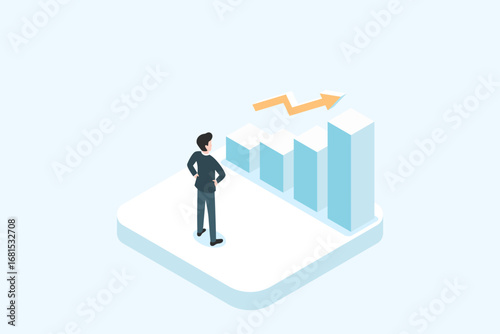 Businessman observing a rising bar chart, symbolizing business growth, success, and positive financial trends. It's perfect for themes related to investment, market analysis, and progress.