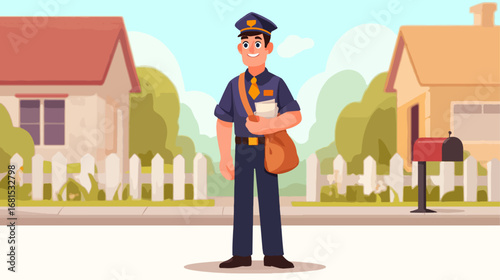 Smiling postal worker delivering mail to houses
