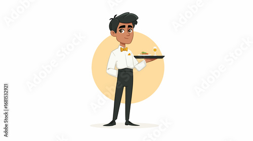 Smiling waiter serving food and drink