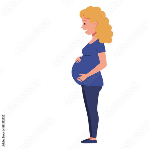 Pregnant woman standing and smiling with curly hair in casual outfit  
