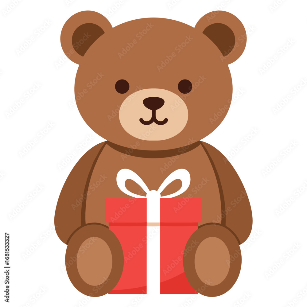 Fototapeta premium Cute teddy bear holding a red gift box with white ribbon 