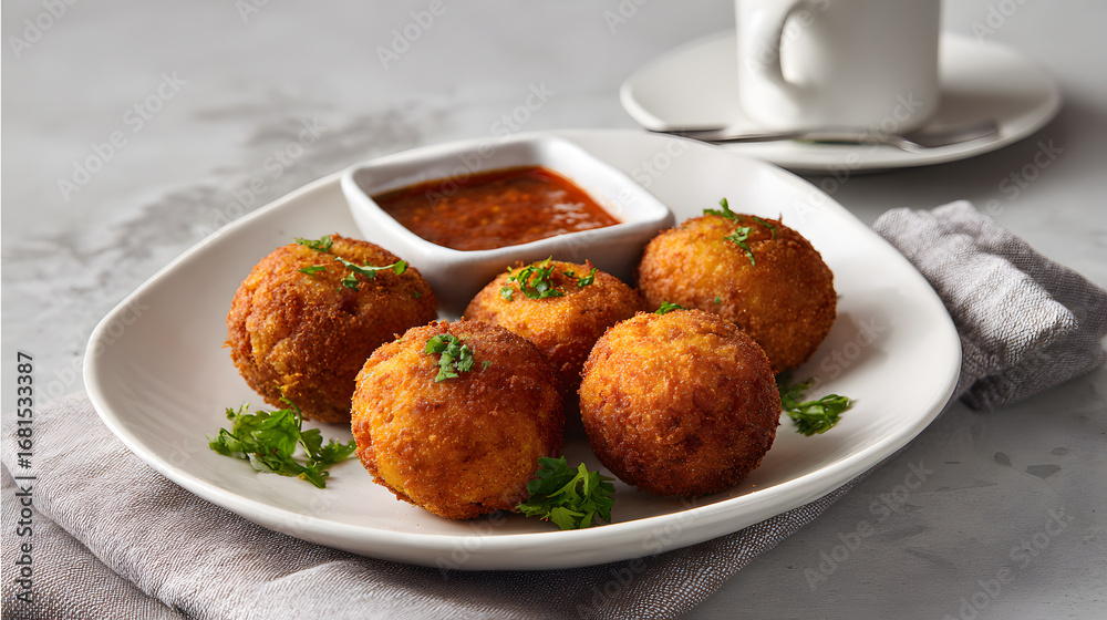 North African maakouda potato fritters with dipping sauce North African maakouda potato fritters with dipping sauce