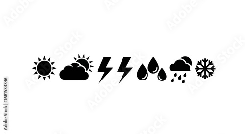 Diverse weather icons symbolizing sun, clouds, lightning, rain, and snow for forecasting and environmental reporting