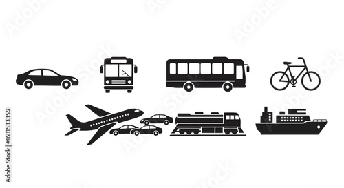 Comprehensive Collection of Modern Transportation Modes Displayed in a Harmonious and Unified Flat Icon Style, Representing Essential Travel Elements for Design Projects