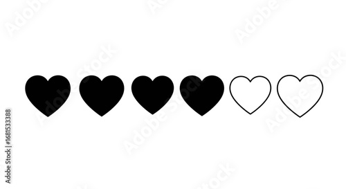Simple black and white vector graphic of a heart rating bar concept. Four filled hearts and two outlined hearts showing a positive review or progress status indicator