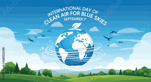 International day of clean air for blue skies illustration with earth and green landscape view