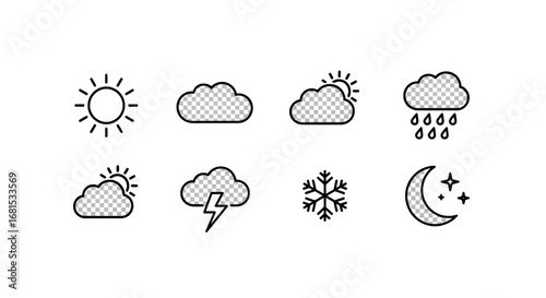 Weather Forecast Icons Collection Sunny, Cloudy, Rainy, Stormy & Snowy Weather Conditions Depicted in Minimalist Line Art Style
