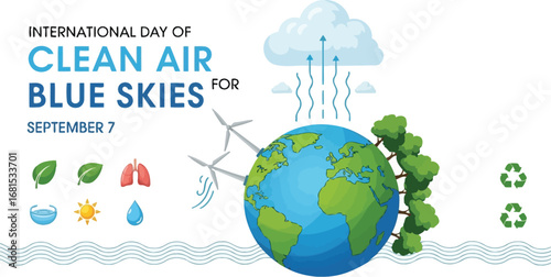 International day of clean air for blue skies illustration with globe and wind turbines on white