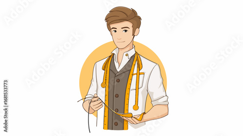 Tailor with measuring tapes cartoon illustration