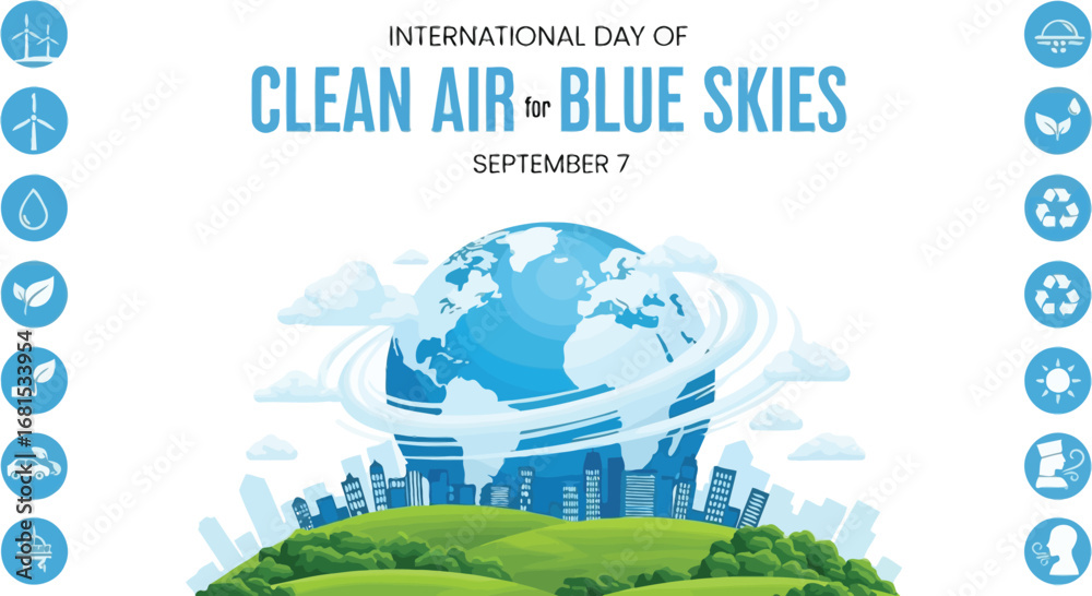 Fototapeta premium International day of clean air for blue skies poster with earth, buildings, and green landscape