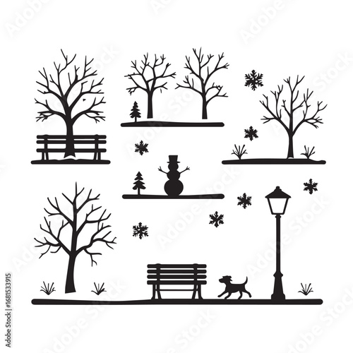 Vector art of black and white silhouette of winter park elements with trees, benches, snowman, and dog