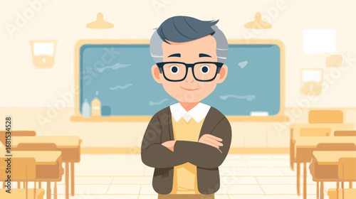 Teacher in classroom calm and confident