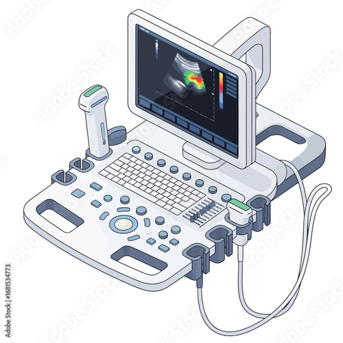 
Elastography Ultrasound Device AI Medical Equipment Vector Icon with Color Doppler Scan for Diagnosis
