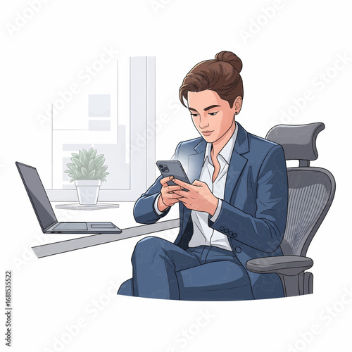 Young professional working with smartphone, semi-realistic vector illustration, modern office lifestyle