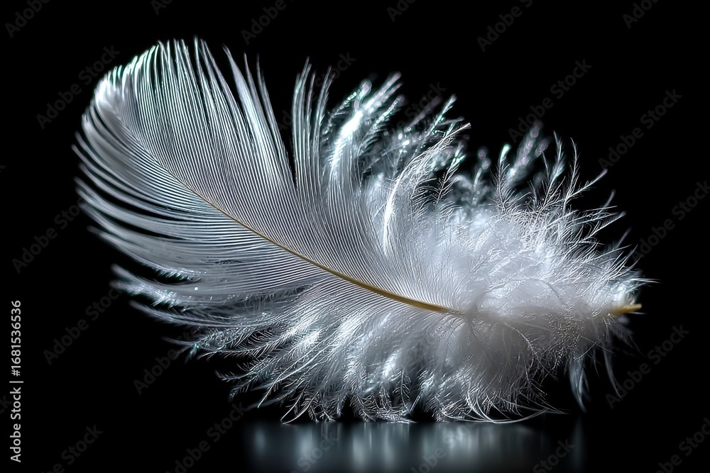 Obraz premium Single white feather on a dark reflective surface