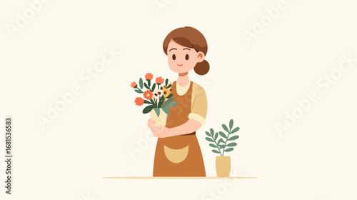 Woman holding flower bouquet illustration