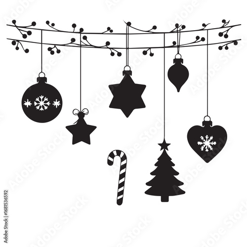 Vector art of christmas holiday decorations featuring ornaments, stars, a candy cane, and a christmas tree hanging from a garland