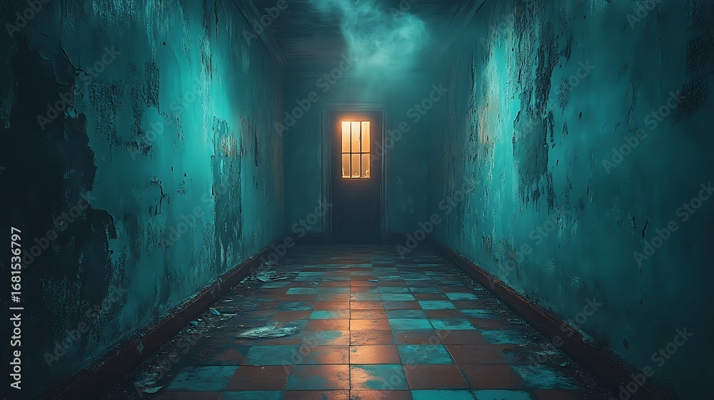 Obraz premium Mysterious teal hallway with single window