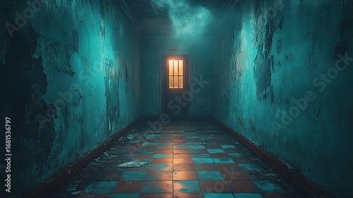 Mysterious teal hallway with single window
