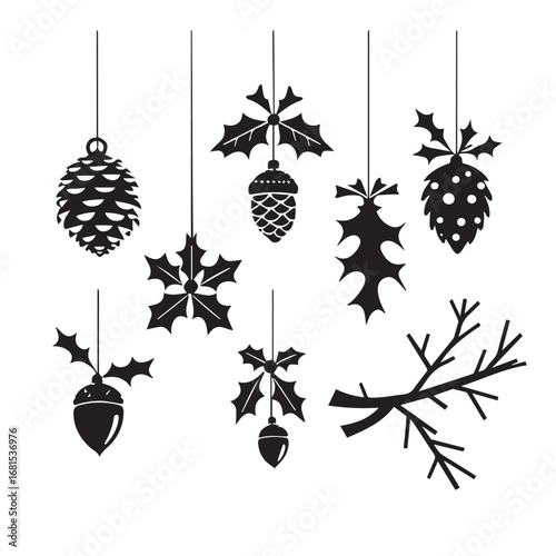 Vector art of christmas ornaments collection featuring pinecones, holly leaves, snowflakes, and acorns
