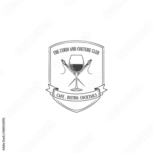 A vintage-style logo for a fashion-forward café and bistro. It features a wine glass and crossed sewing needles within a shield emblem, with a banner below.