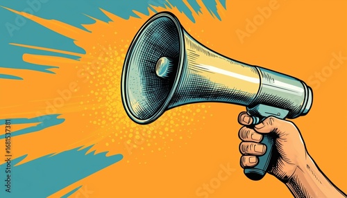 Male Hand Holding A Megaphone With A Let'S Discuss Speech Bubble Is A Useful Tool For Business, Marketing, And Advertising Purposes. Great For Conveying Messages Loudly.